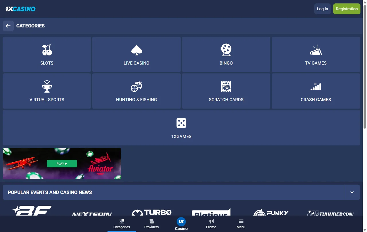 1xCasino games overview with slots, live tables, and variety