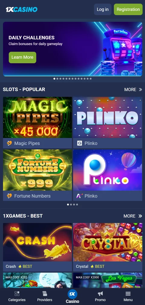 1xCasino mobile gaming access with browser-based play for users