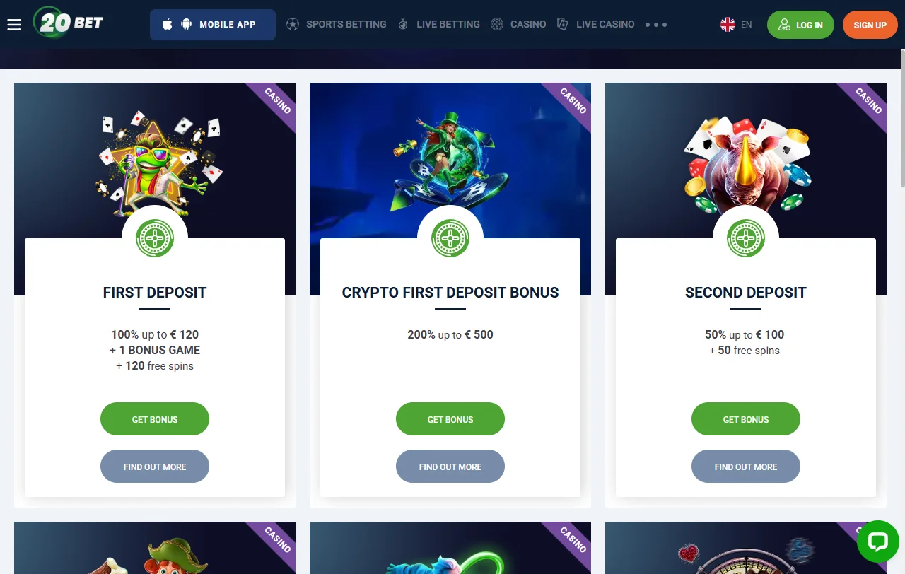 20bet Casino games and live dealer variety for Indian users