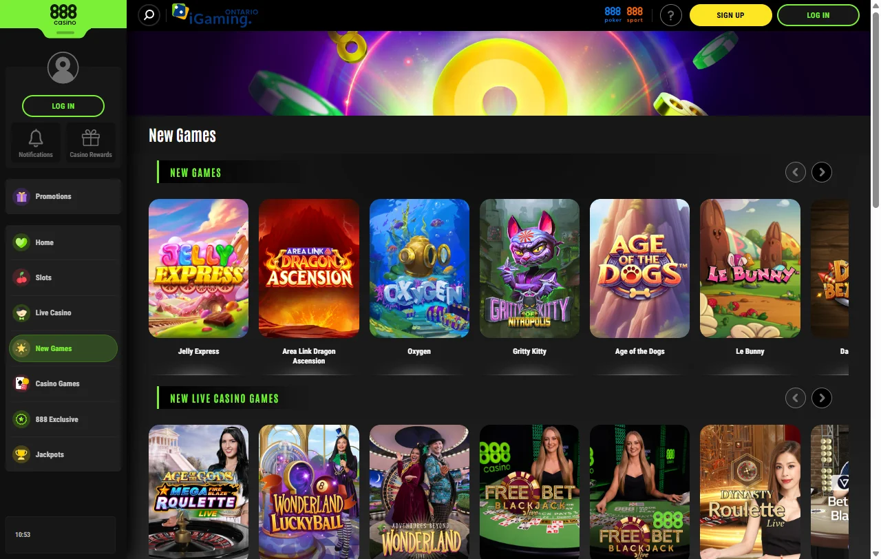 888 Casino games overview with slots, tables and live content