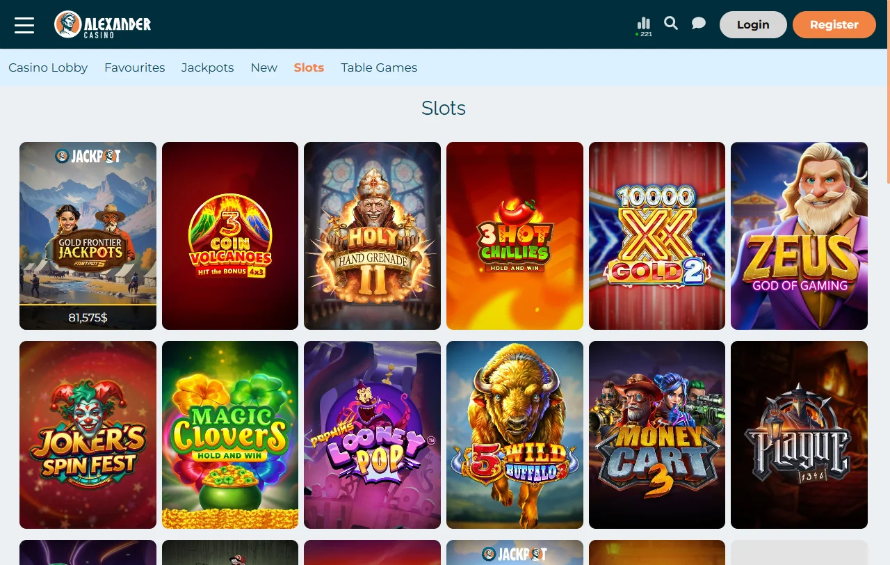 Alexander Casino games, slots and live dealer selection