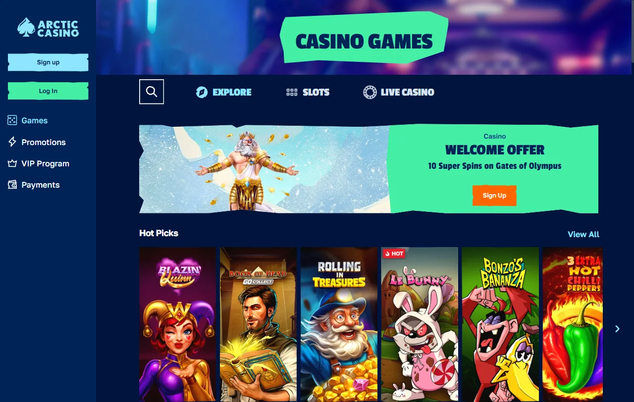 Arctic Casino game library with slots and live tables