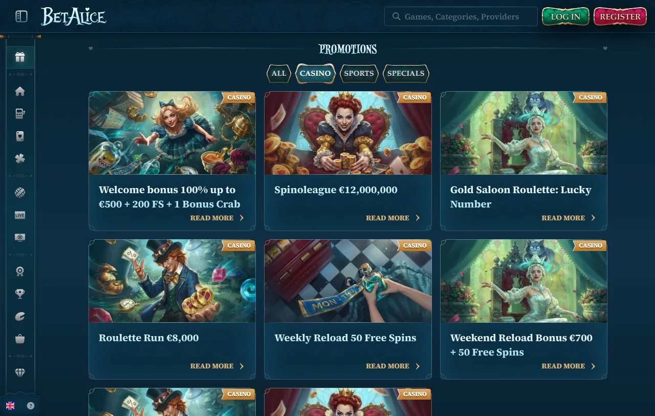 BetAlice Casino games focus with slots, live tables, and provider range