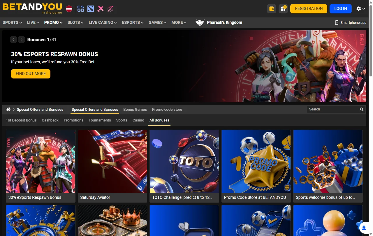 BetAndYou Casino games library, slots and live tables