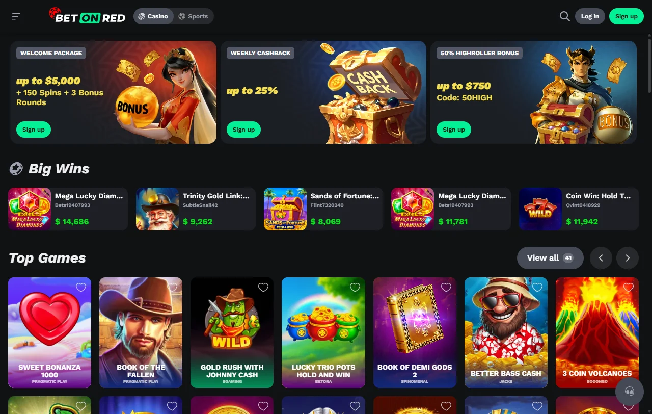 BetOnRed Casino game library with slots and live table options
