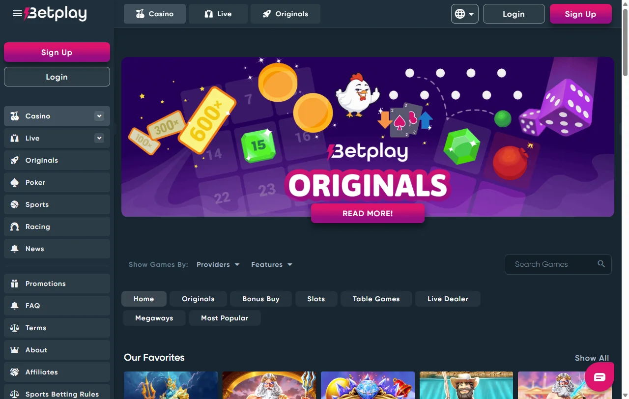 Betplay Casino games library with slots and live tables