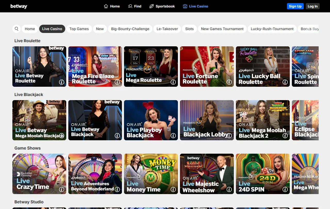 Betway Casino slots, table games and live dealer selection