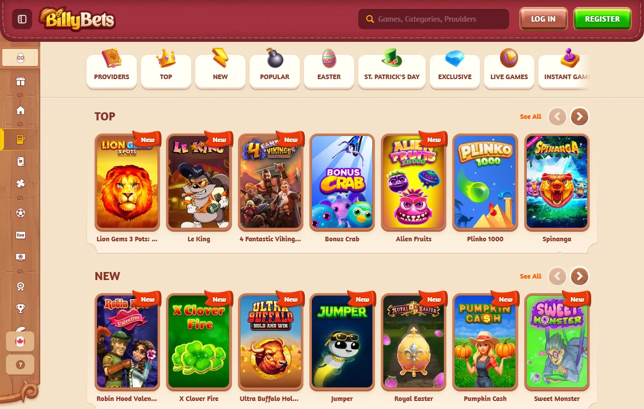 BillyBets Casino games overview with slots, live tables and variety