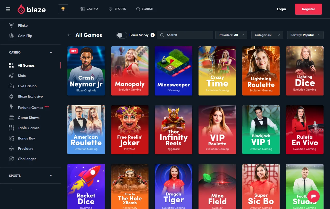 Blaze Casino game variety overview with slots and live tables