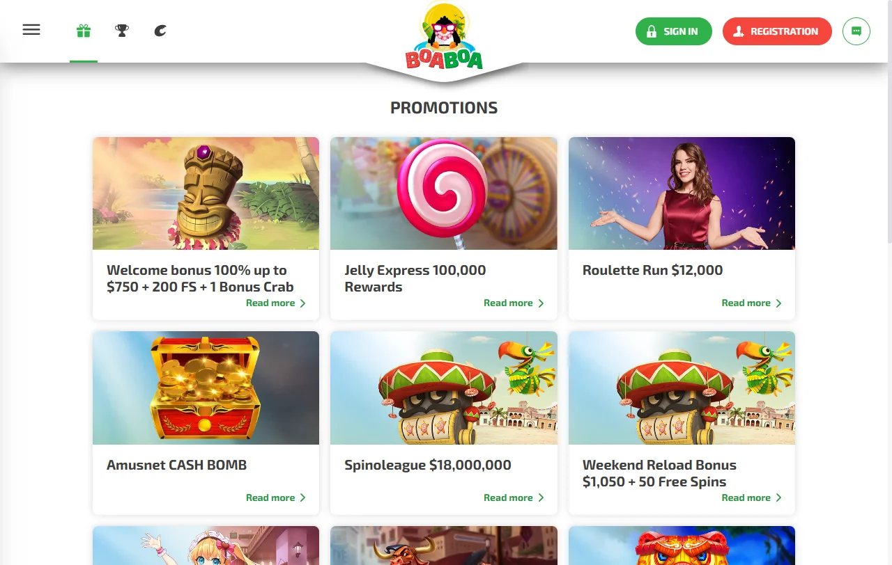 BoaBoa Casino game library coverage with slots, tables and live dealer range