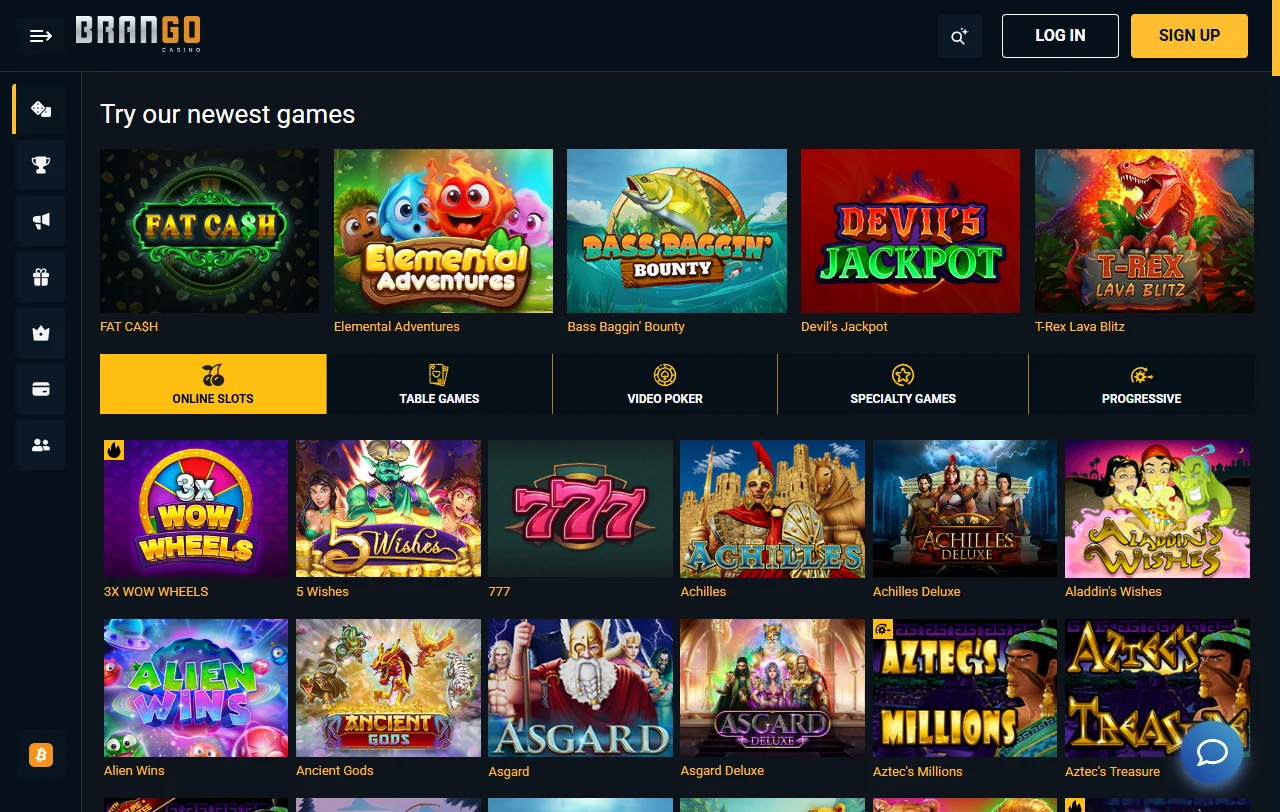 Brango Casino games library with slots, tables and live play