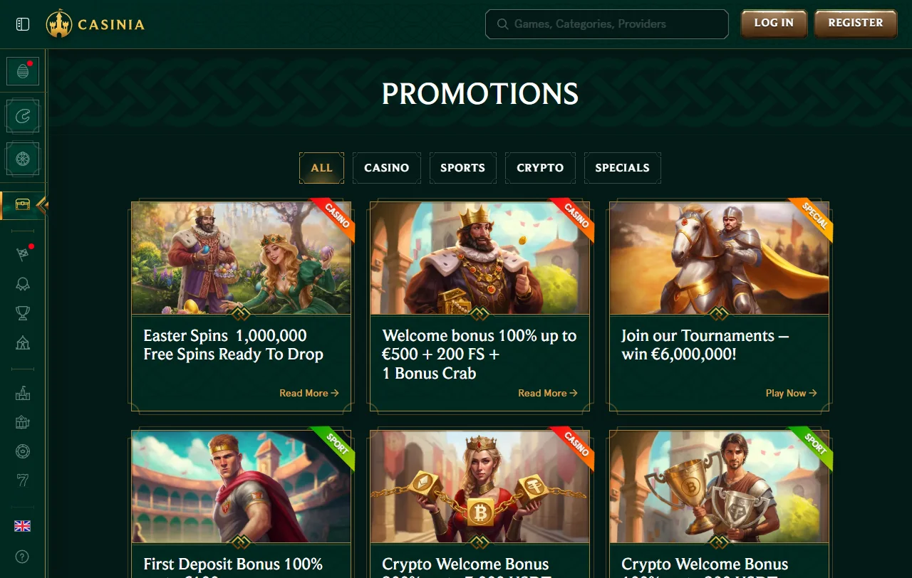 Casinia Casino games library overview with slots and live tables