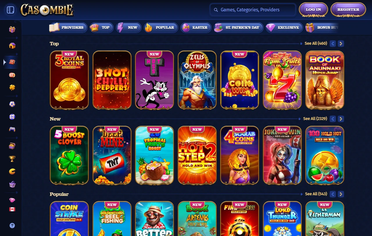 Casombie Casino games overview with slots, live tables and providers