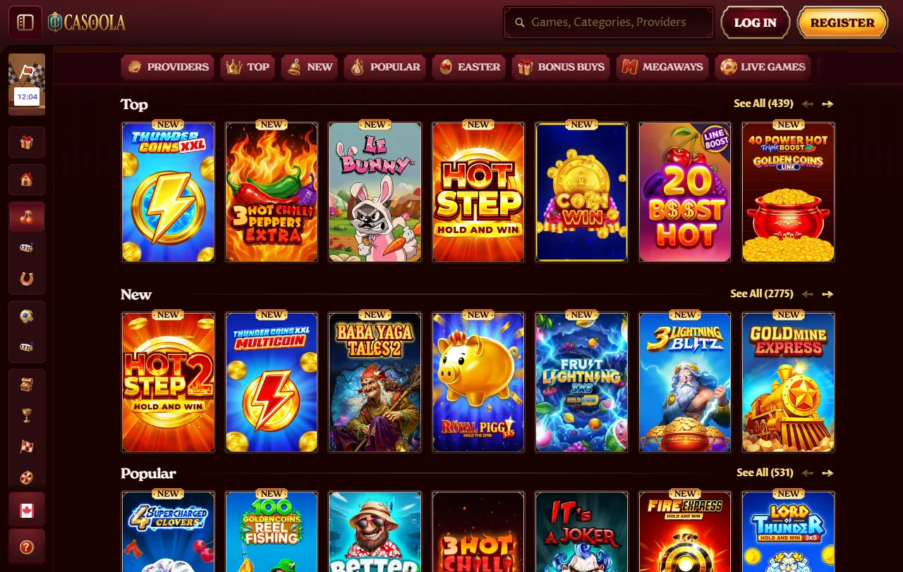 Casoola Casino games library with slots, tables, and live options