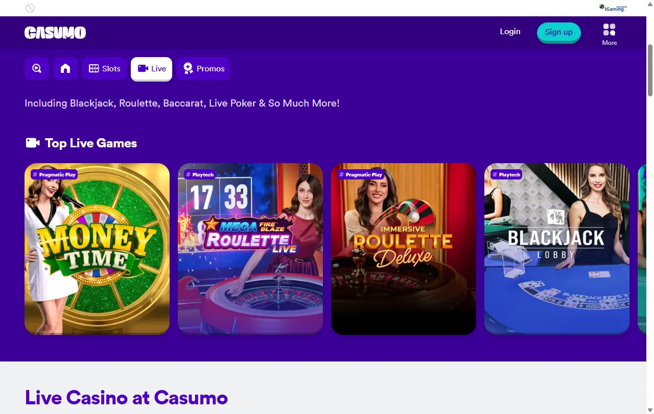 Casumo Casino games library with slots, live tables and providers