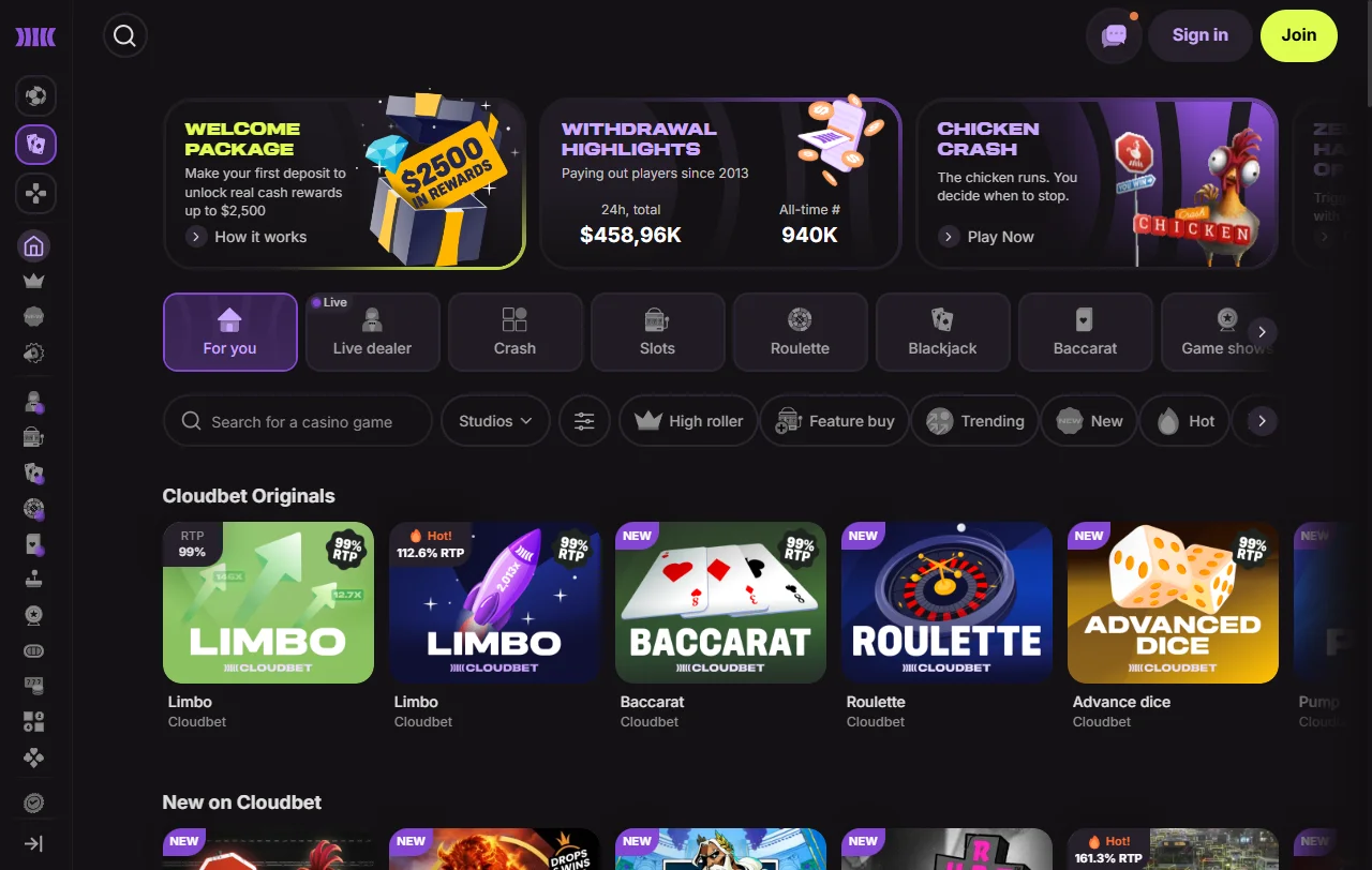 Cloudbet Casino games and live entertainment range for players