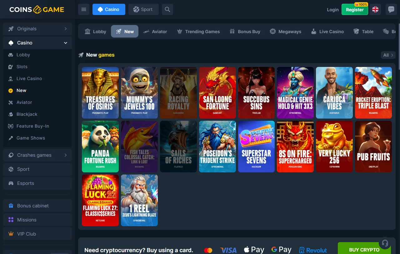 Coins Game Casino games selection with slots, live tables and crash titles