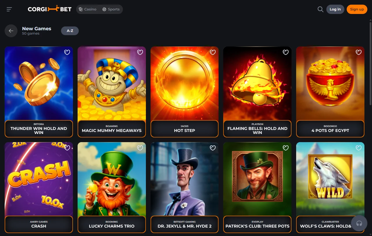 Corgibet Casino games library with slots, tables and live casino