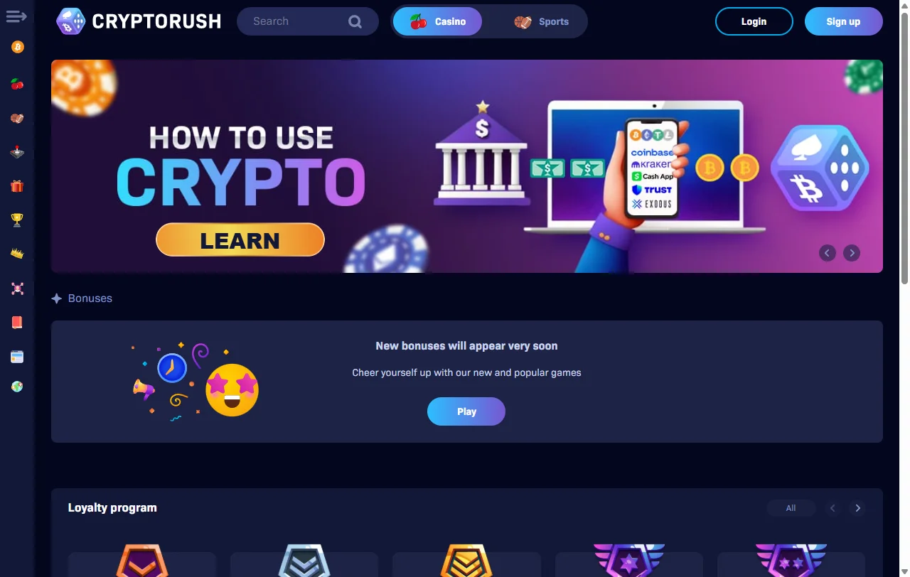 CryptoRush Casino games focus with slots, tables and live dealer variety