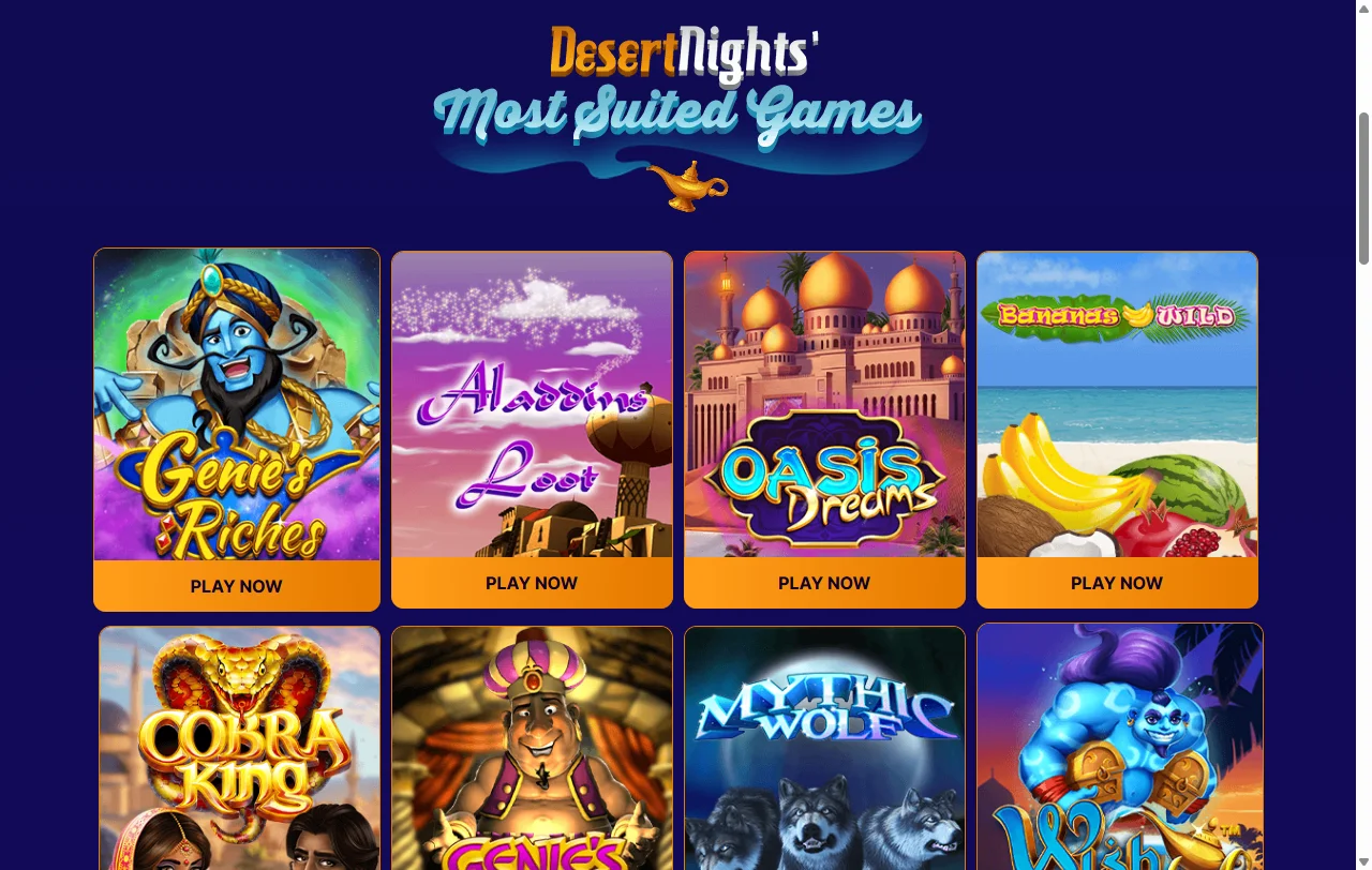 Desert Nights Casino games library with slots, tables and live content
