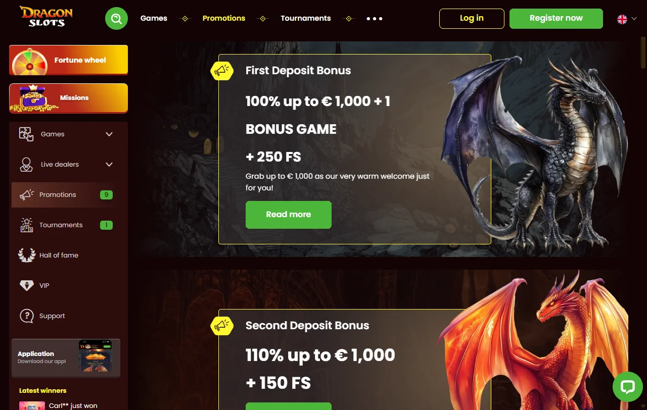 DragonSlots Casino game library overview for slots and live tables