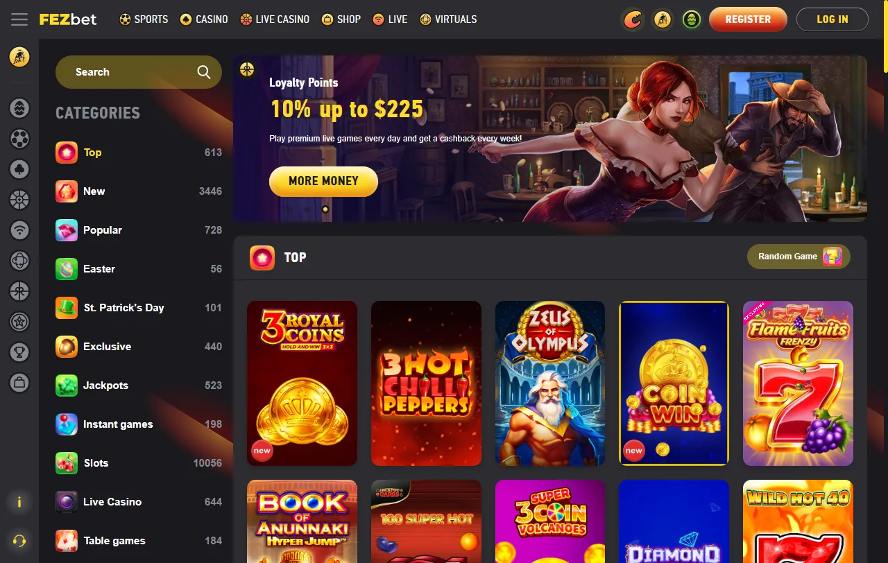 FezBet Casino games library with slots and live tables