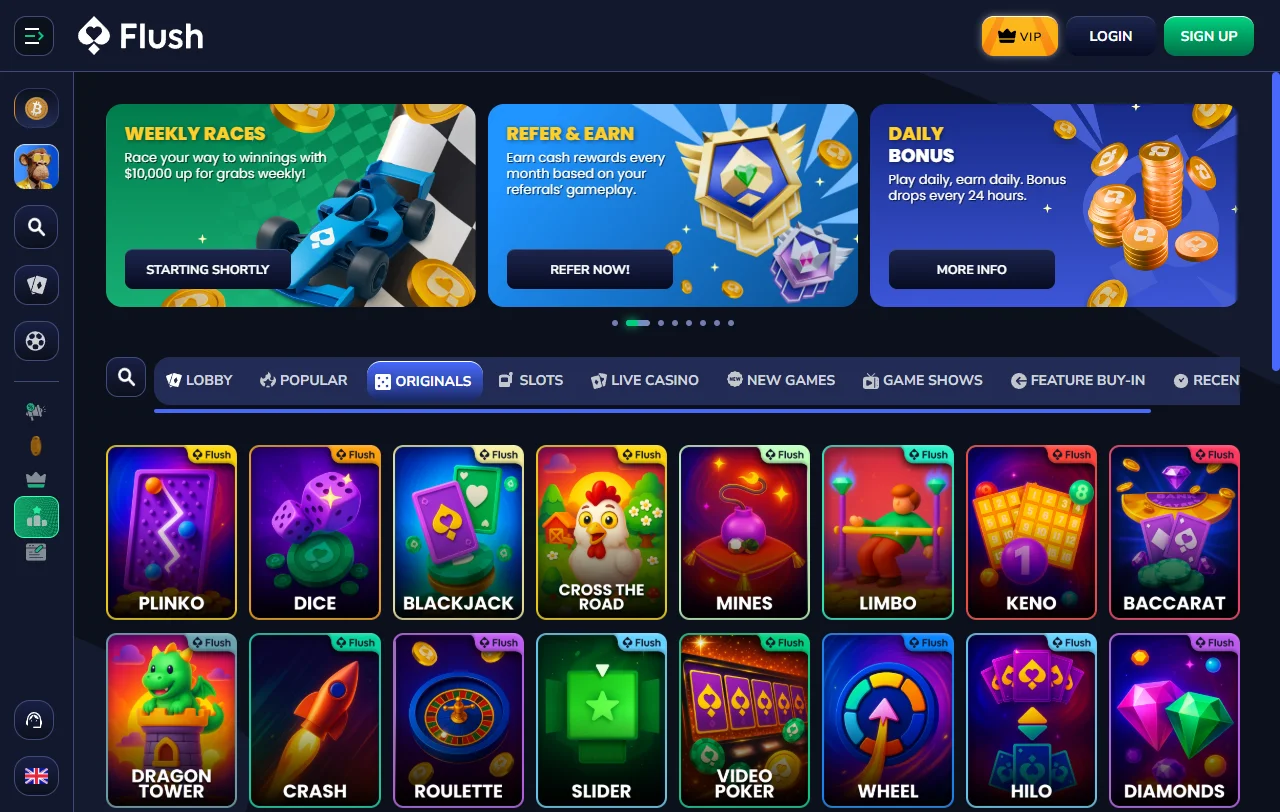 Flush Casino analysis covering slots, live tables and software