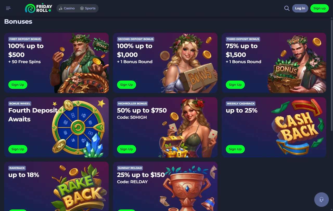 FridayRoll Casino game library with slots, tables, and live options