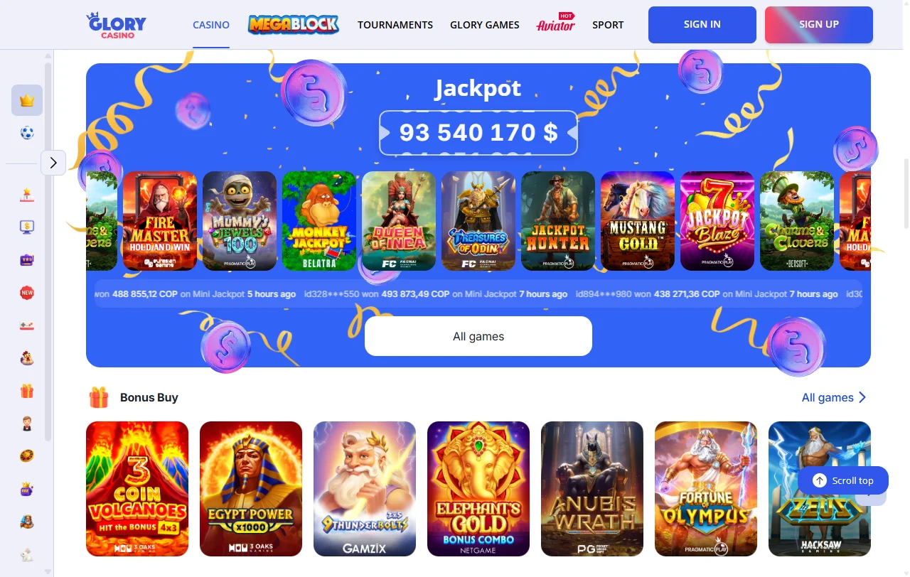 Glory Casino game library with slots, live tables and providers