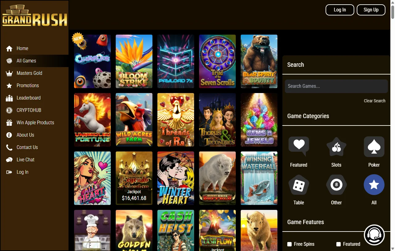 Grand Rush Casino games overview covering slots, live tables and providers