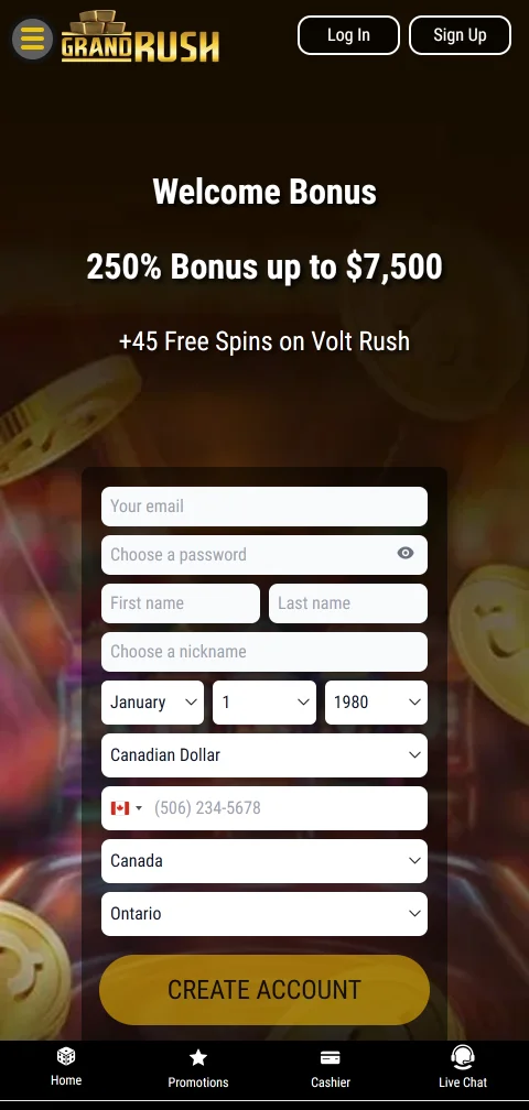 Grand Rush Casino mobile access for Indian players on browser devices