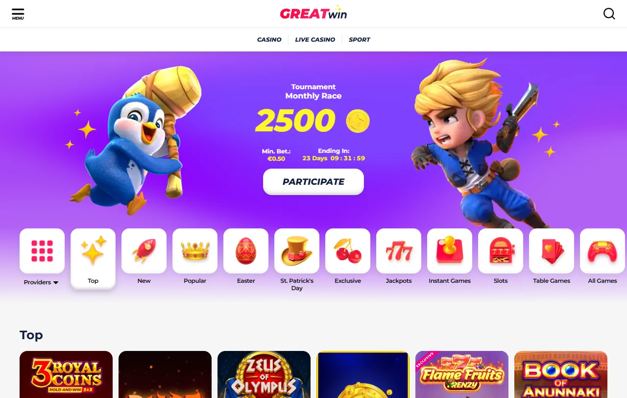 GreatWin Casino slots, live tables and provider variety for casual play