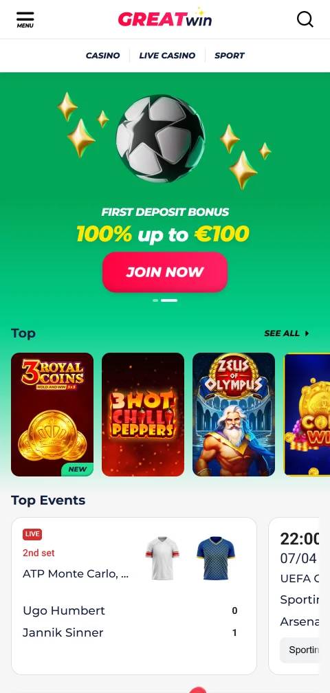 GreatWin Casino mobile play with browser access and account features
