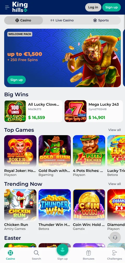 KingHills Casino mobile play on smartphone with browser access