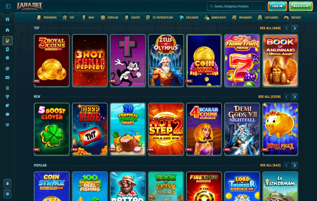 LaraBet Casino overview of slots, live tables and software variety