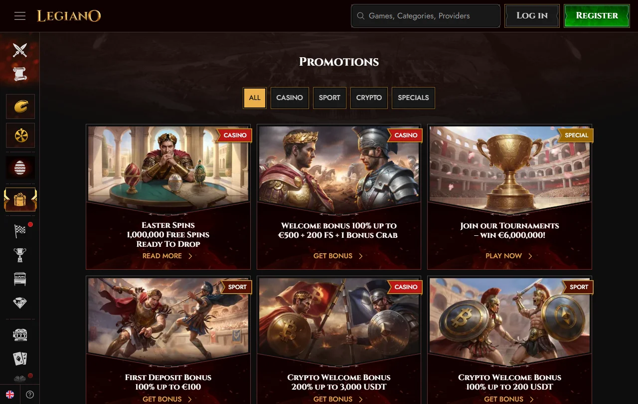 Legiano Casino game variety with slots, tables and live options