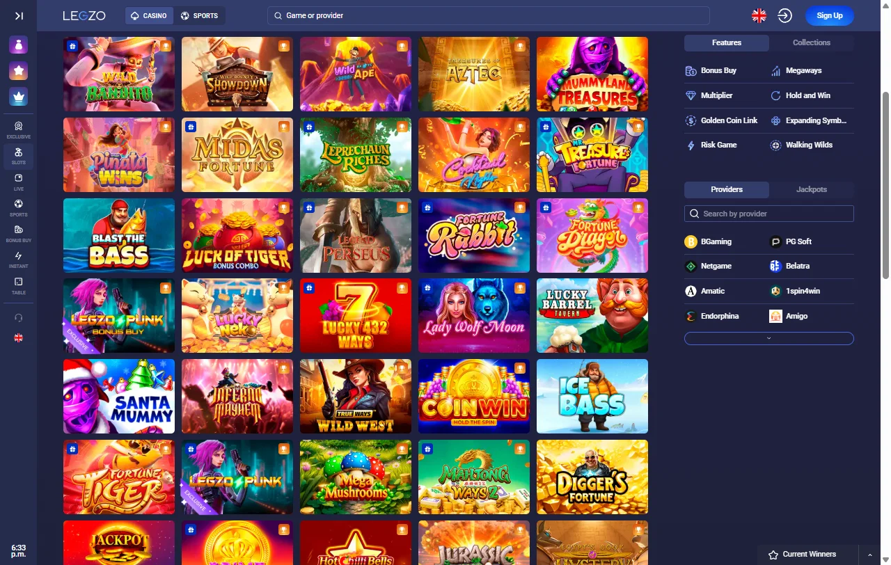 Legzo Casino games library with slots and live tables