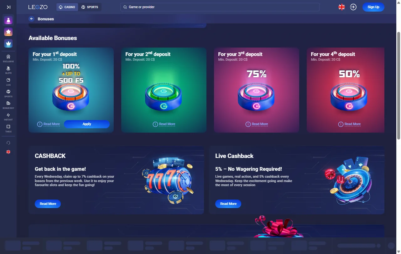 Legzo Casino bonuses and promotions overview for new users