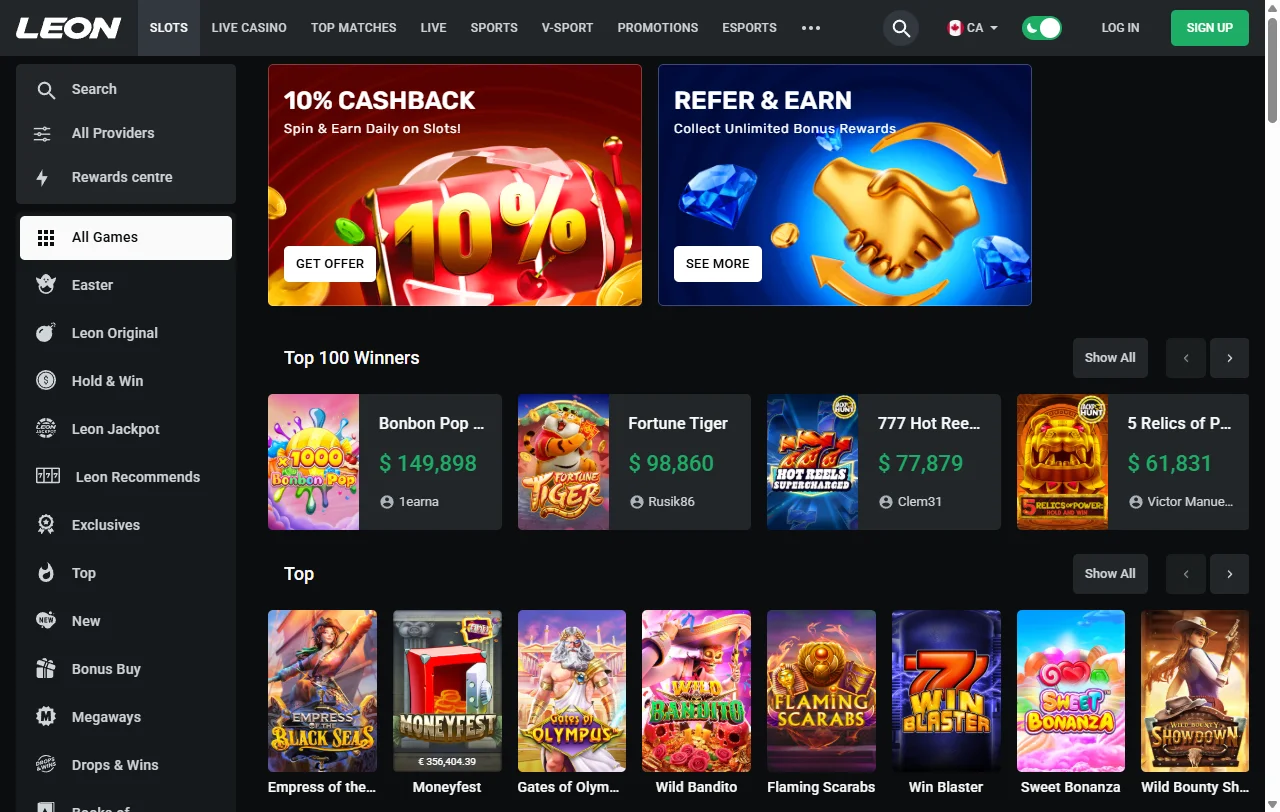 Leon Casino slots, live tables and game variety highlights