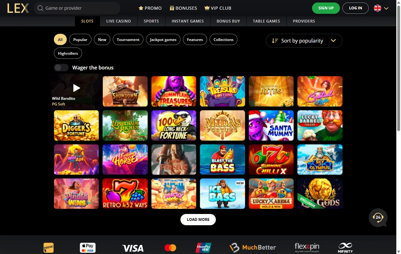 Lex Casino games and slots library with broad provider coverage
