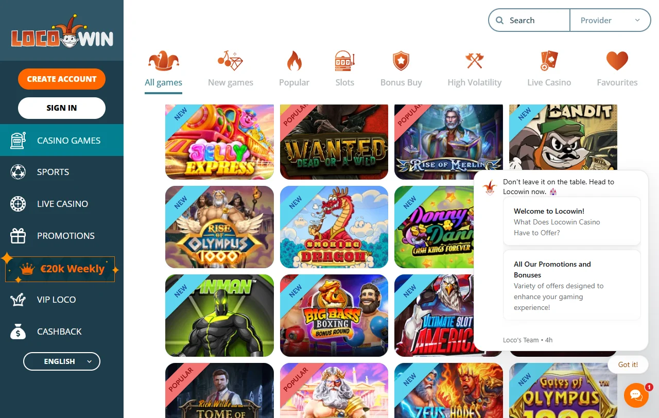 LocoWin Casino games library with slots and live tables