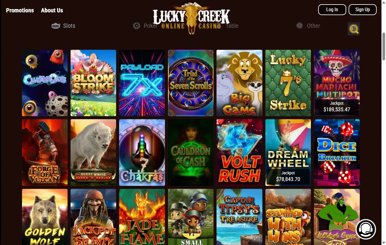 Lucky Creek Casino overview of slots, tables and live dealer range