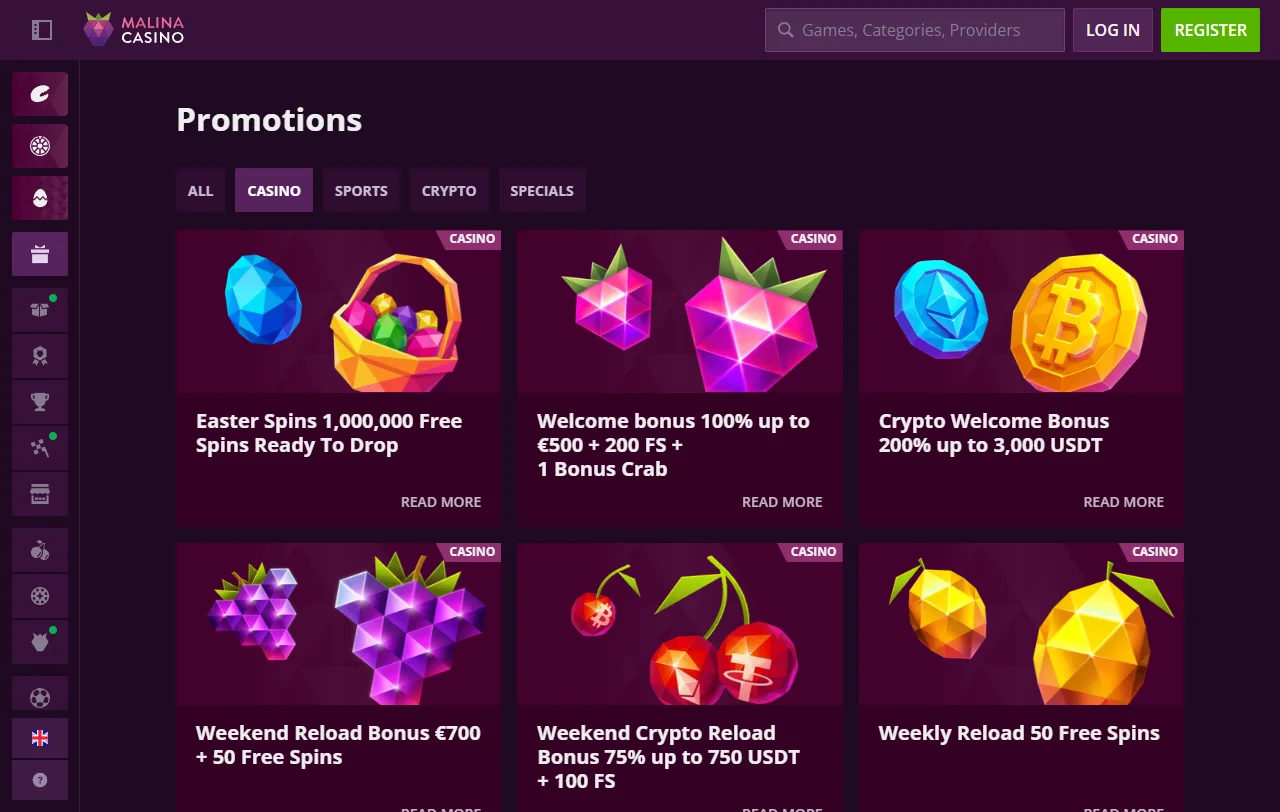 Malina Casino games, slots and live tables in editorial review