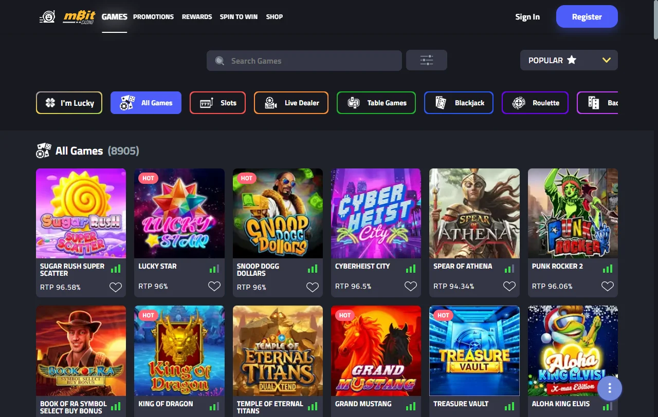 mBit Casino games and provider coverage with slots and live tables