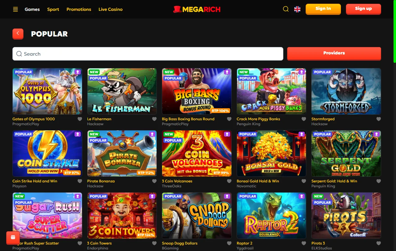 Megarich Casino slots, live tables and game variety overview