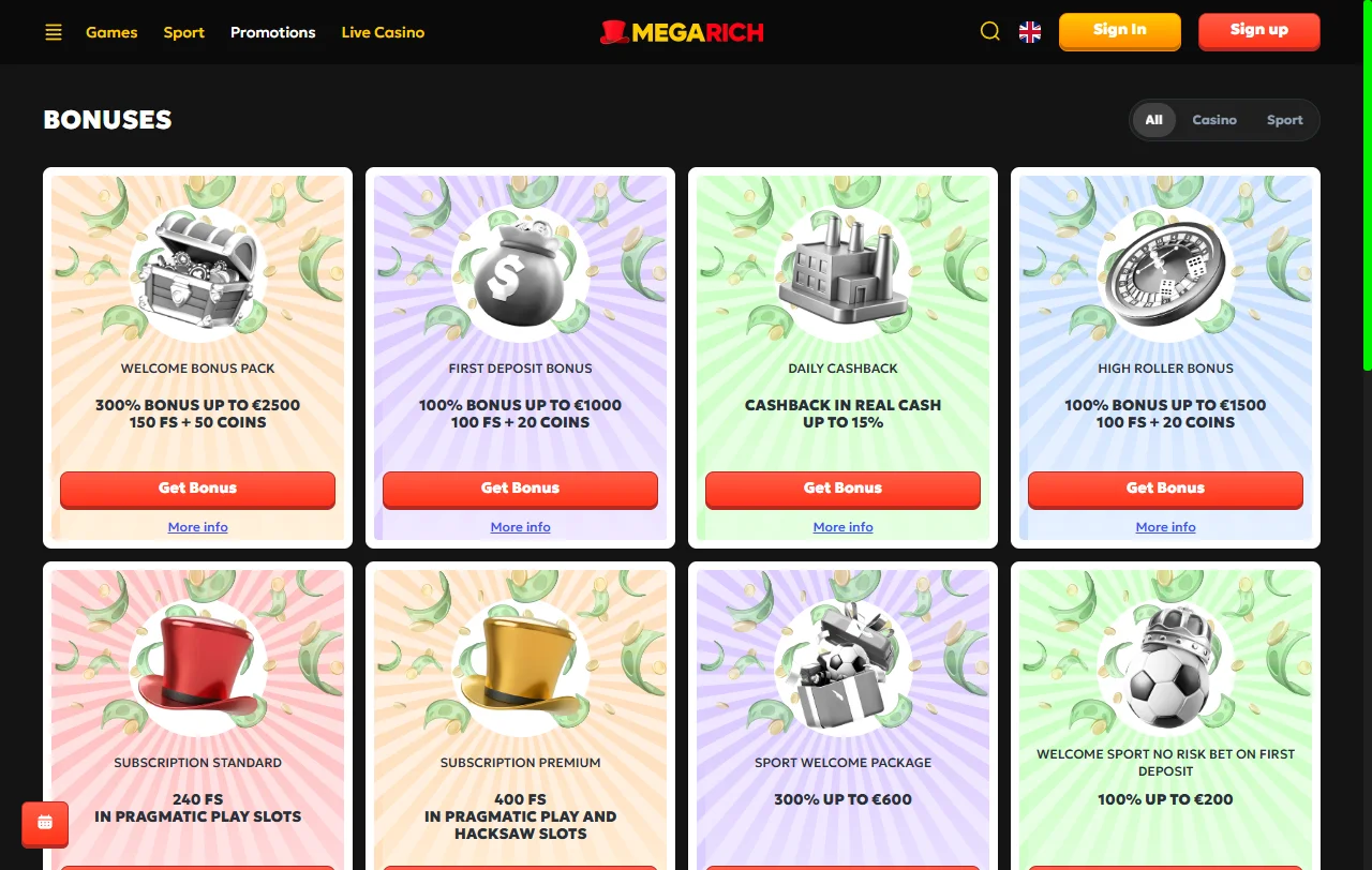 Megarich Casino welcome offers and bonus terms explained