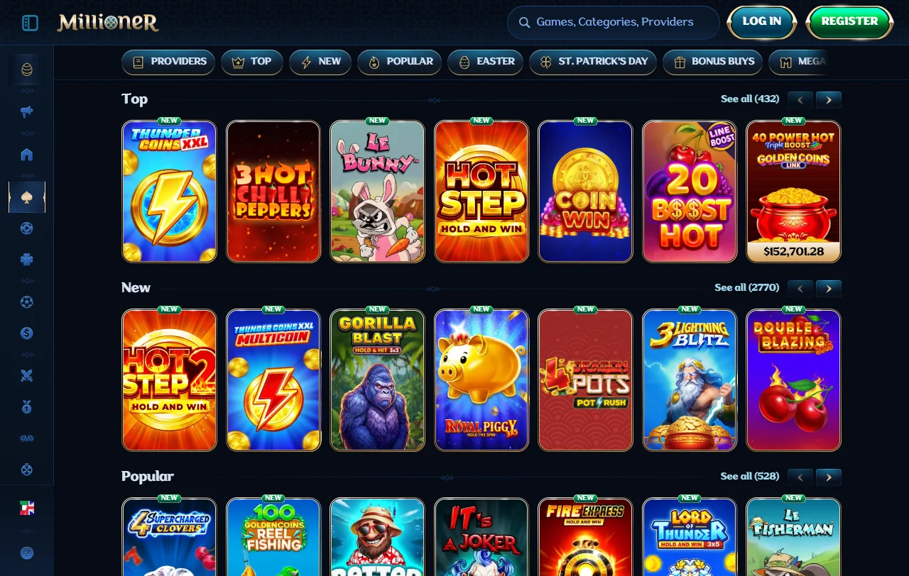 Millioner Casino games and providers overview for slots, tables, and live play