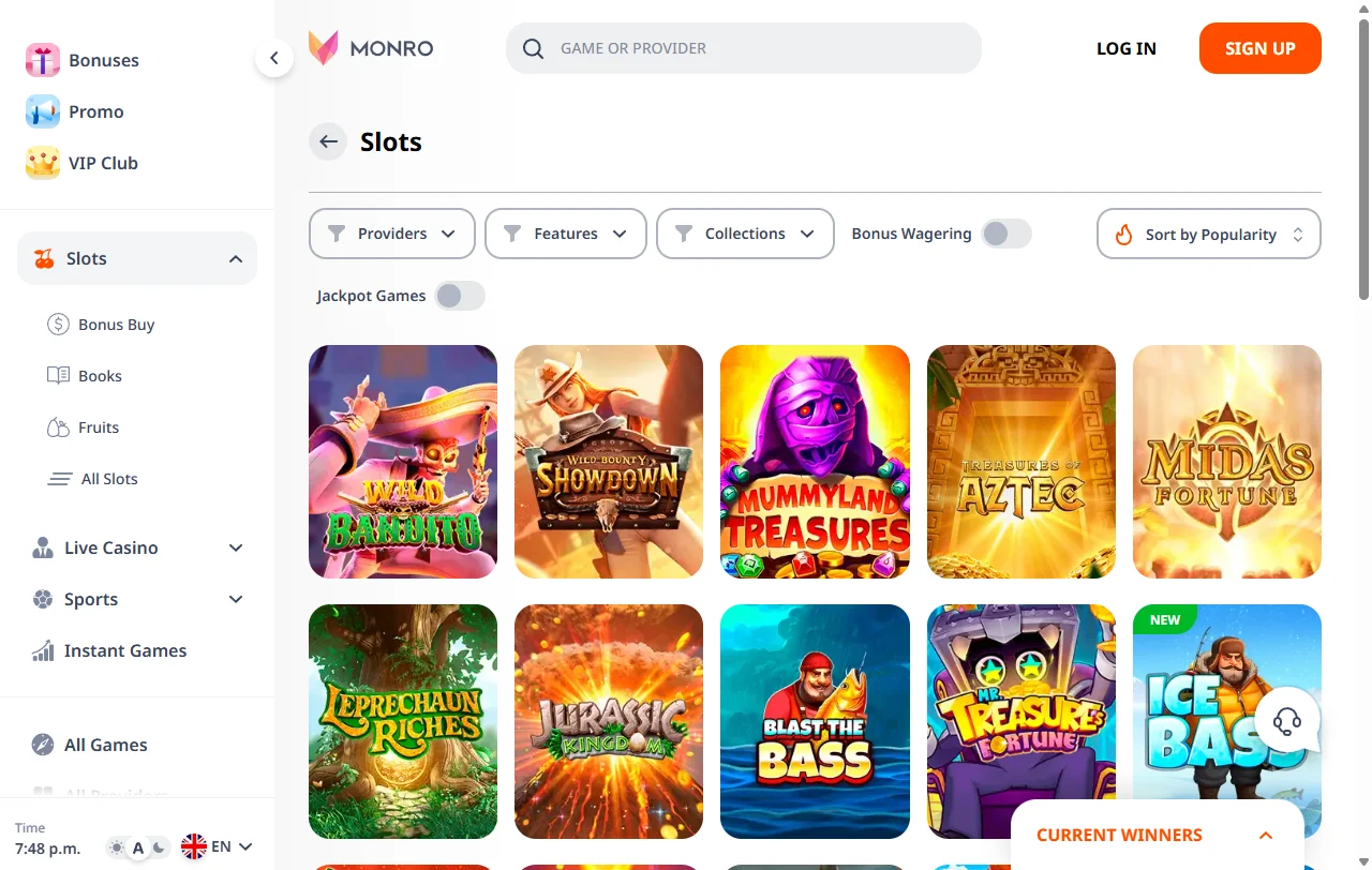 Monro Casino games, slots and live tables selection