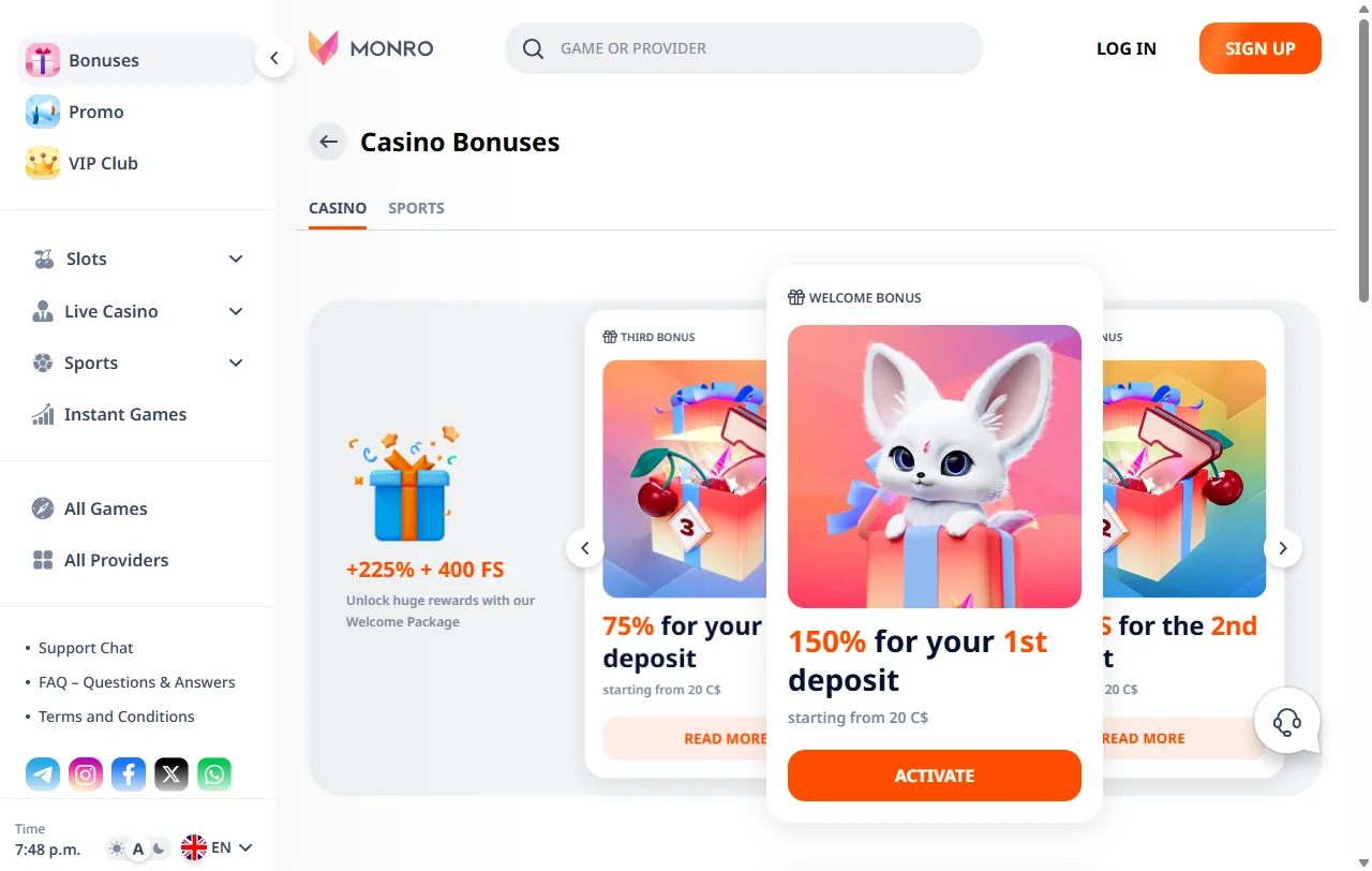 Monro Casino welcome bonus and promotional offer review