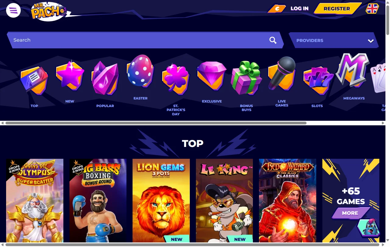 Mr. Pacho Casino game library overview featuring slots, live tables and providers